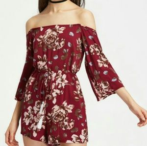 Burgundy Floral Off Shoulder Tassel Tie Romper
